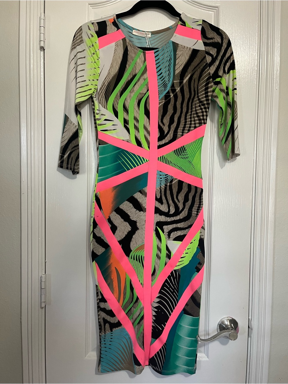 a'gaci Neon Stripe & Zebra Print Midi Dress - Pink, Green, Teal, Black